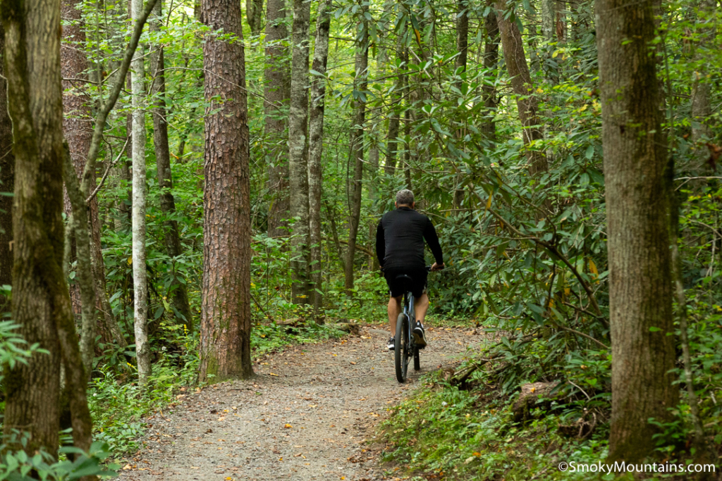 man in black clothes riding bike on dirt path in the smoky mountain national park