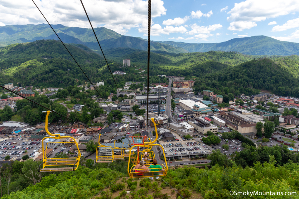 aerial view of gatlinburg with blue skies