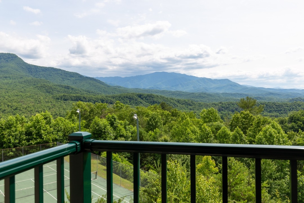 green railing with mountain views