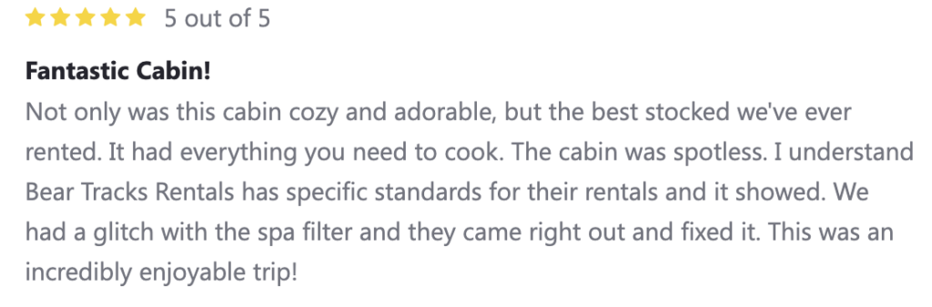5 star reviews talking about how fantastic the cabin was during their stay
