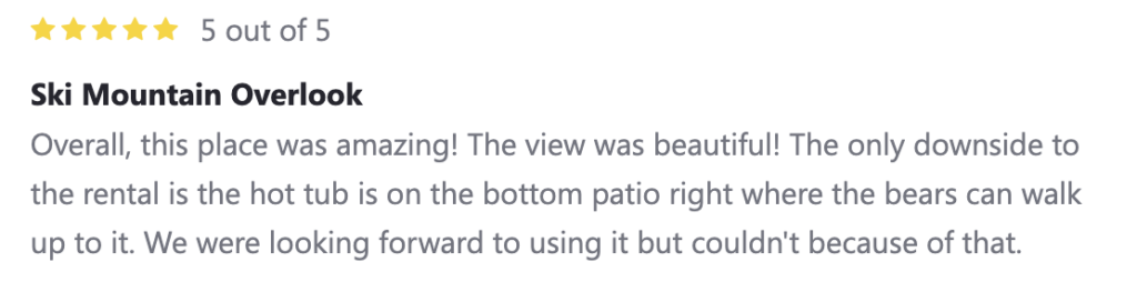 5 star review talking about how beautiful the view is from this cabin