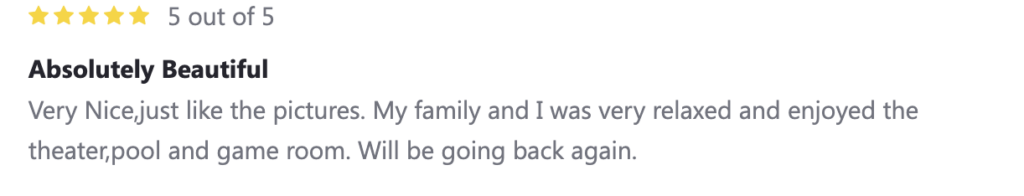 5 star review talking about the beauty of the cabin that the family stayed in