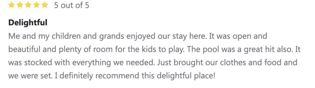 5 star review talking about how delightful the cabin rental was during a vacation in gatlinburg