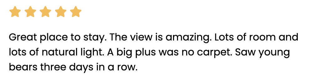5 star review talking about an amazing view and natural light