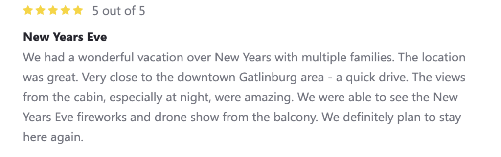 5 star review talking about how wonderful this gatlinburg cabin was in new years