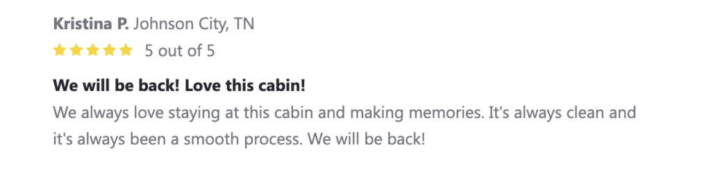 5 star review of simply unforgettable cabin in gatlinburg talking about how clean it is