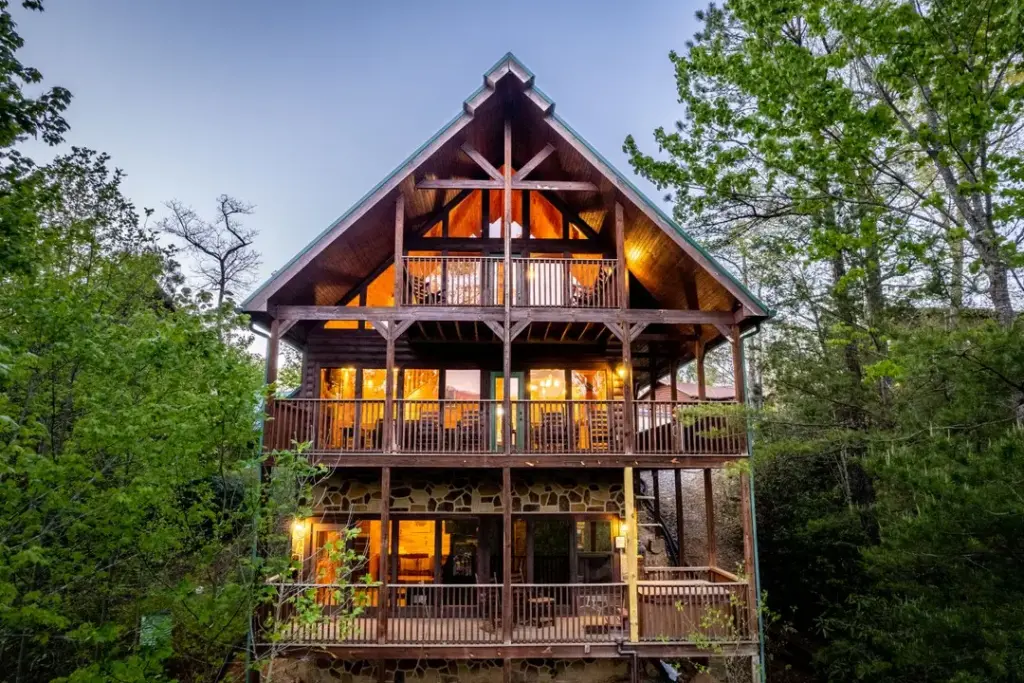 three tiered cabin with balconies and dim lighting