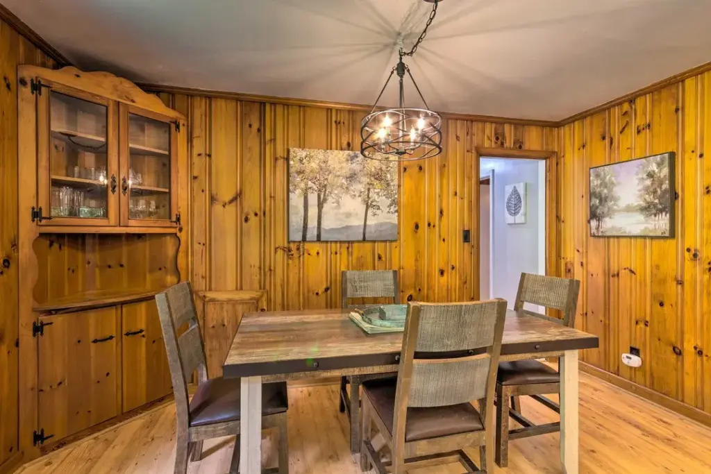 4 chairs surrounding dining table in a vintage wooden room